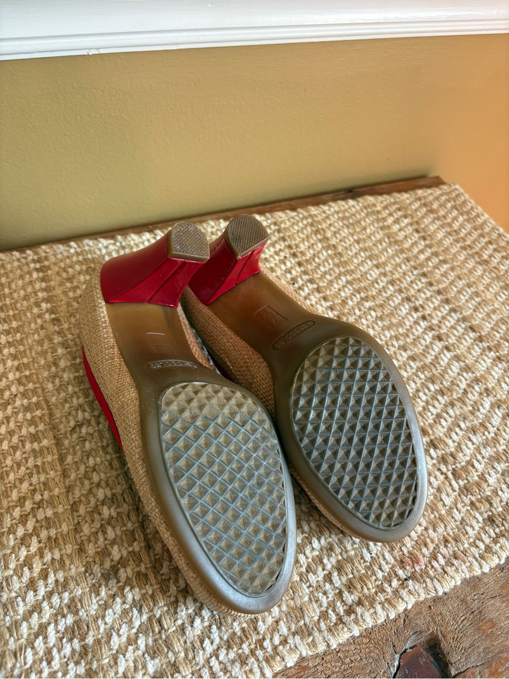 Aerosoles Beige and Red Peep-Toe High Heels with Bow Accents - Picture 4 of 5